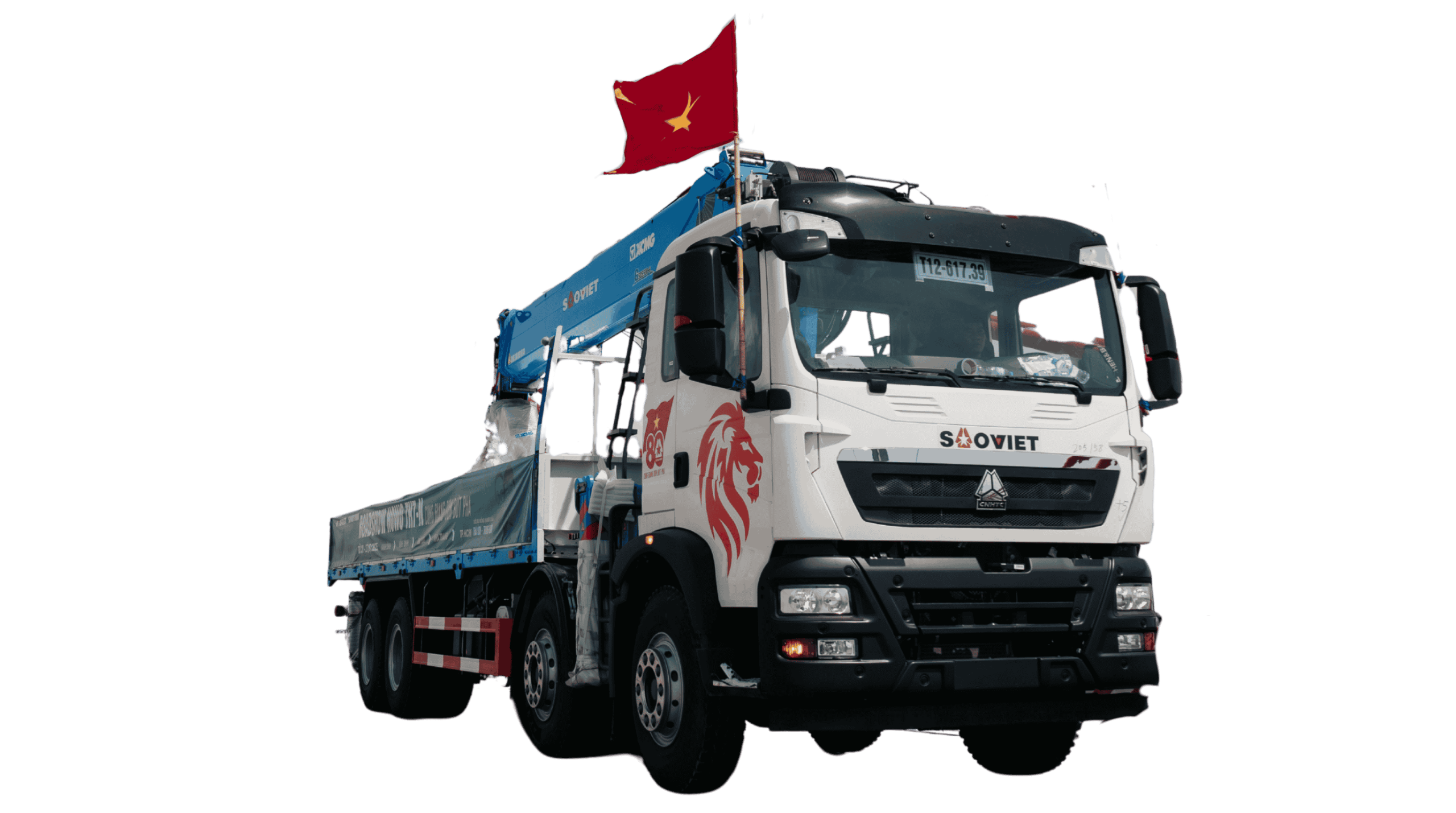 Xe tải TX350 gắn cẩu XCMG 20T Mẫu mới (chân chống giữa, 2 xi lanh, góc nâng cần 85°)